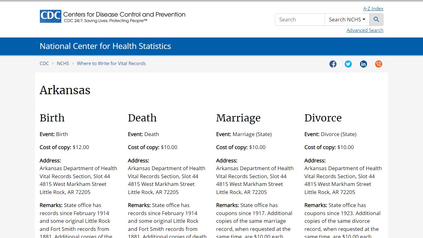 Where to Write for Vital Records - Arkansas - Centers for Disease ...